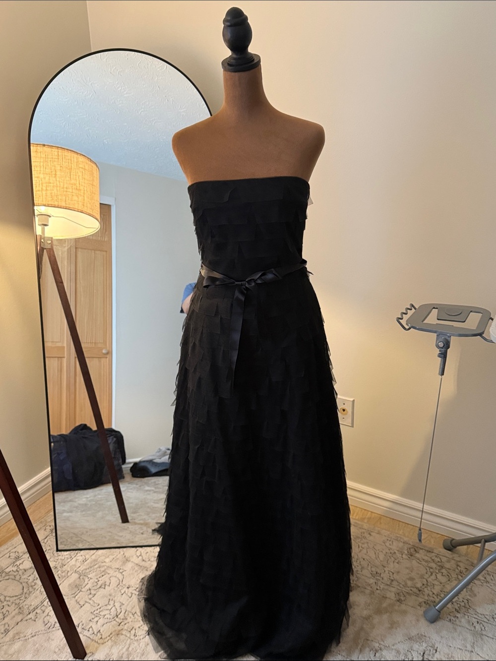 Strapless BCBG Black Evening Gown with Satin Waist Tie size 12